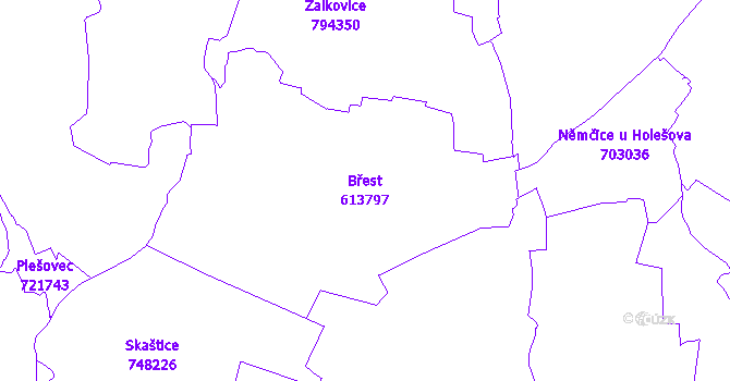 Katastrální mapa Břest - přehledová mapa katastrálního území