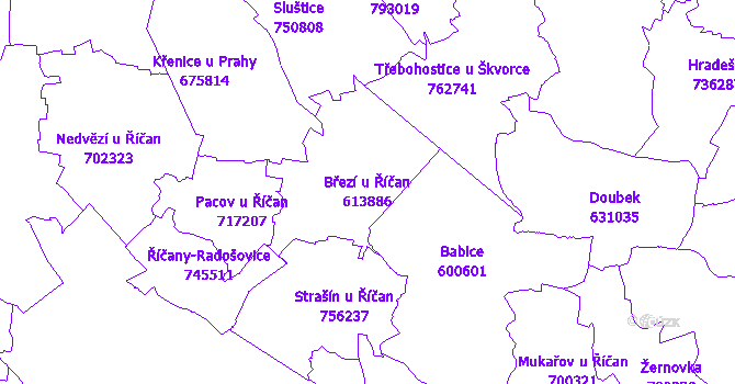 Katastrální mapa Březí u Říčan - přehledová mapa katastrálního území