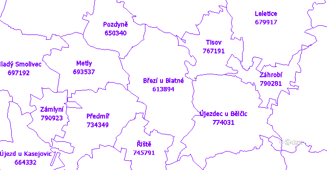 Katastrální mapa Březí u Blatné - přehledová mapa katastrálního území