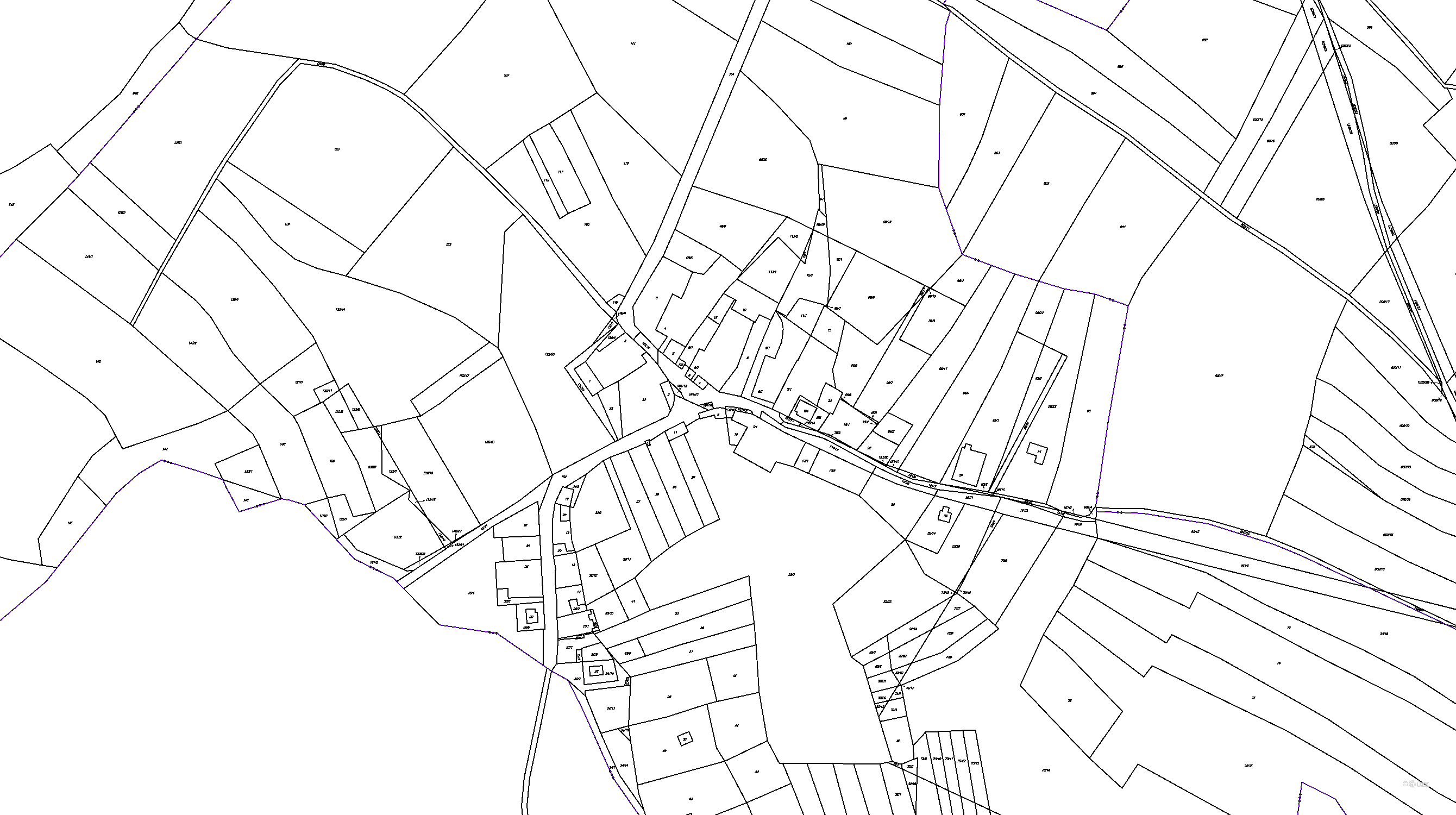 Katastrální mapa pozemků a čísla parcel Ondrušky
