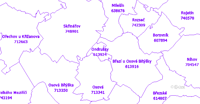 Katastrální mapa Ondrušky - přehledová mapa katastrálního území