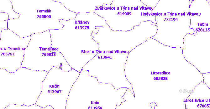 Katastrální mapa Březí u Týna nad Vltavou - přehledová mapa katastrálního území