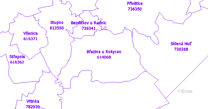 Katastrální mapa Březina u Rokycan - přehledová mapa katastrálního území