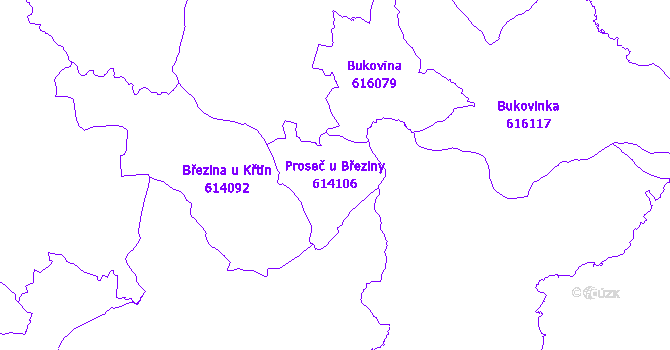 Katastrální mapa Proseč u Březiny - přehledová mapa katastrálního území