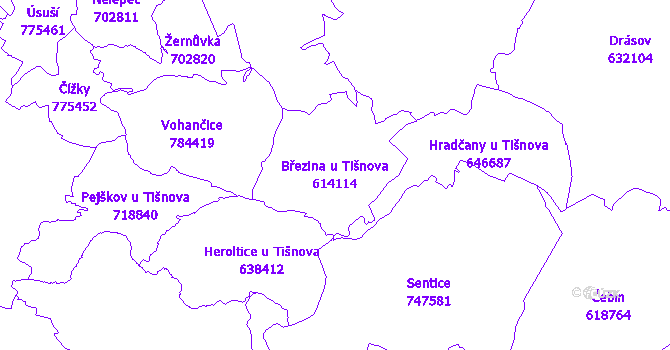 Katastrální mapa Březina u Tišnova - přehledová mapa katastrálního území