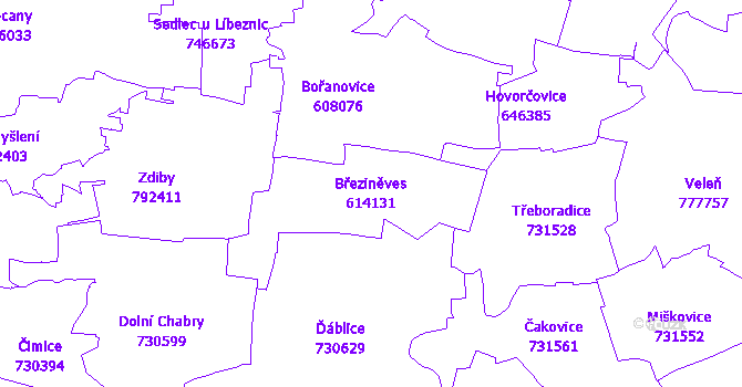 Katastrální mapa Březiněves - přehledová mapa katastrálního území