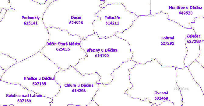 Katastrální mapa Březiny u Děčína - přehledová mapa katastrálního území