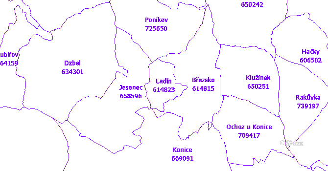 Katastrální mapa Ladín - přehledová mapa katastrálního území