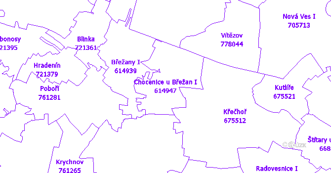 Katastrální mapa Chocenice u Břežan I - přehledová mapa katastrálního území