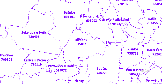 Katastrální mapa Bříšťany - přehledová mapa katastrálního území