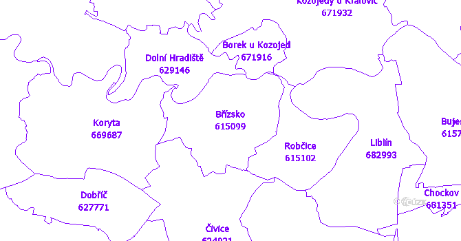 Katastrální mapa Břízsko - přehledová mapa katastrálního území