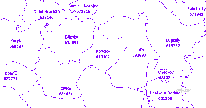 Katastrální mapa Robčice - přehledová mapa katastrálního území