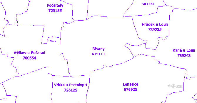 Katastrální mapa Břvany - přehledová mapa katastrálního území