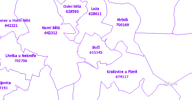 Katastrální mapa Bučí - přehledová mapa katastrálního území