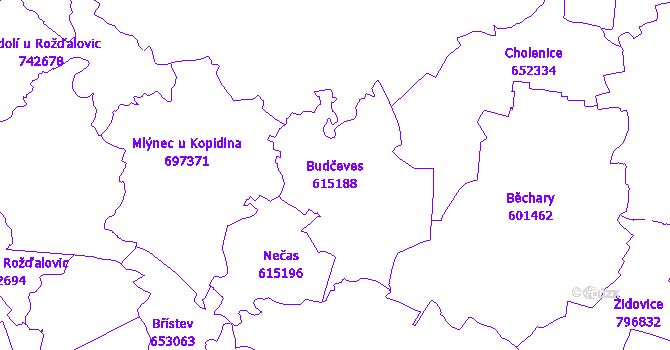 Katastrální mapa Budčeves - přehledová mapa katastrálního území