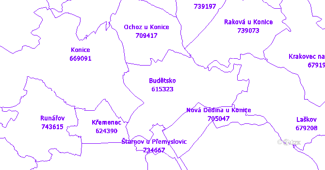 Katastrální mapa Budětsko - přehledová mapa katastrálního území