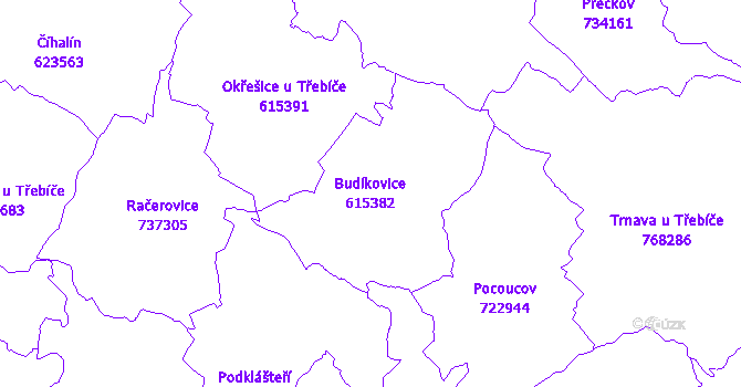 Katastrální mapa Budíkovice - přehledová mapa katastrálního území