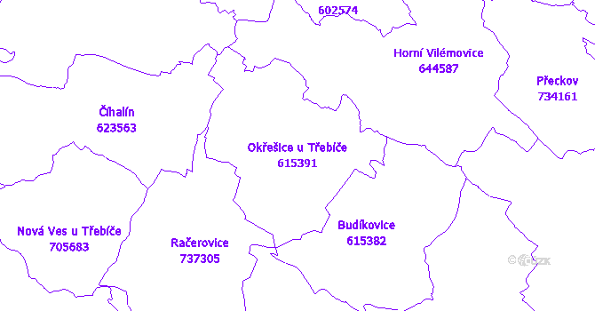 Katastrální mapa Okřešice u Třebíče - přehledová mapa katastrálního území