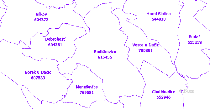Katastrální mapa Budíškovice - přehledová mapa katastrálního území