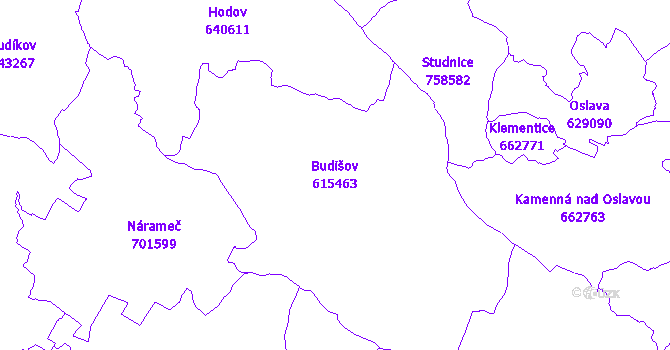 Katastrální mapa Budišov - přehledová mapa katastrálního území