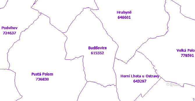 Katastrální mapa Budišovice - přehledová mapa katastrálního území