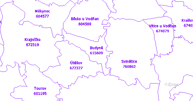 Katastrální mapa Budyně - přehledová mapa katastrálního území