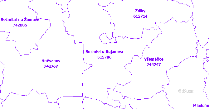 Katastrální mapa Suchdol u Bujanova - přehledová mapa katastrálního území