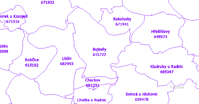 Katastrální mapa Bujesily - přehledová mapa katastrálního území