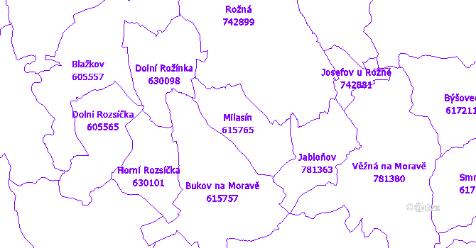 Katastrální mapa Milasín - přehledová mapa katastrálního území