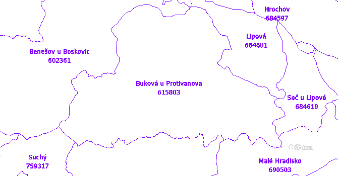 Katastrální mapa Buková u Protivanova - přehledová mapa katastrálního území