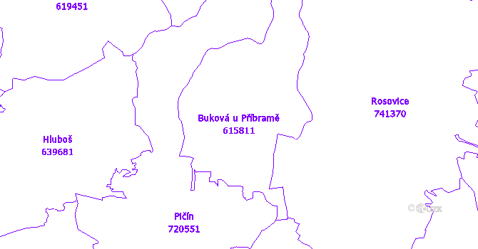 Katastrální mapa Buková u Příbramě - přehledová mapa katastrálního území