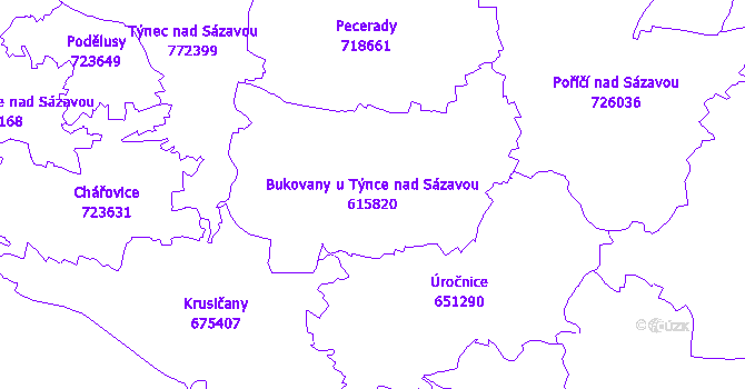 Katastrální mapa Bukovany u Týnce nad Sázavou - přehledová mapa katastrálního území