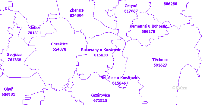 Katastrální mapa Bukovany u Kozárovic - přehledová mapa katastrálního území