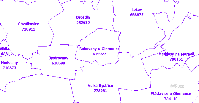 Katastrální mapa Bukovany u Olomouce - přehledová mapa katastrálního území