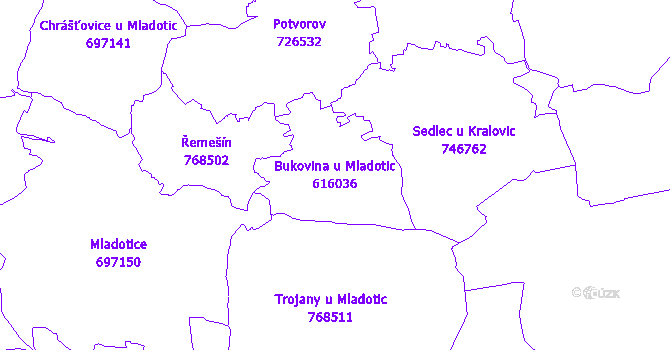 Katastrální mapa Bukovina u Mladotic - přehledová mapa katastrálního území