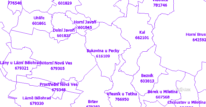 Katastrální mapa Bukovina u Pecky - přehledová mapa katastrálního území