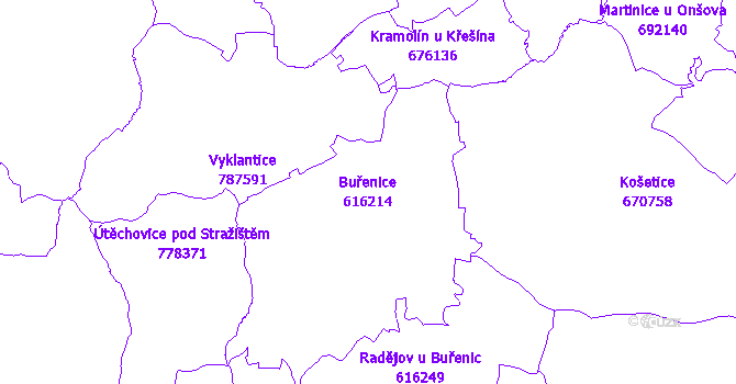 Katastrální mapa Buřenice - přehledová mapa katastrálního území