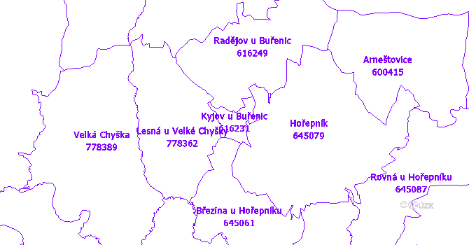 Katastrální mapa Kyjov u Buřenic - přehledová mapa katastrálního území