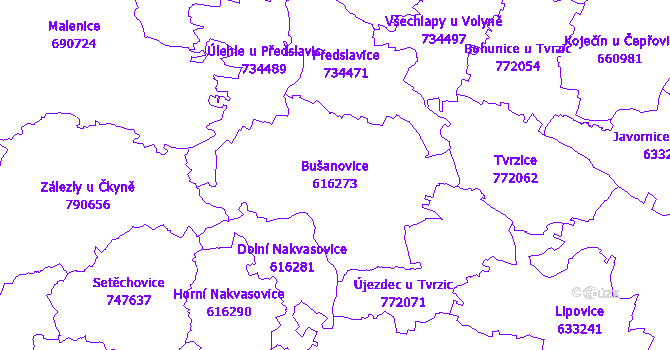Katastrální mapa Bušanovice - přehledová mapa katastrálního území