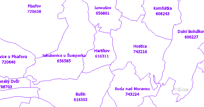 Katastrální mapa Hartíkov - přehledová mapa katastrálního území