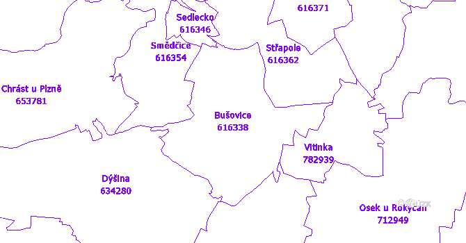 Katastrální mapa Bušovice - přehledová mapa katastrálního území