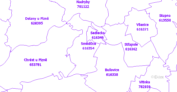 Katastrální mapa Smědčice - přehledová mapa katastrálního území