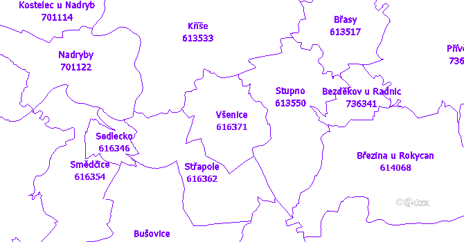 Katastrální mapa Všenice - přehledová mapa katastrálního území