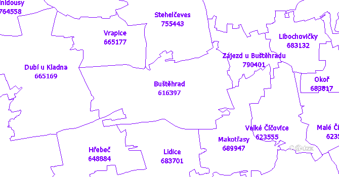 Katastrální mapa Buštěhrad - přehledová mapa katastrálního území