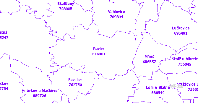 Katastrální mapa Buzice - přehledová mapa katastrálního území