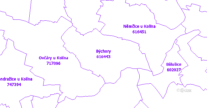 Katastrální mapa Býchory - přehledová mapa katastrálního území