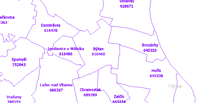 Katastrální mapa Býkev - přehledová mapa katastrálního území