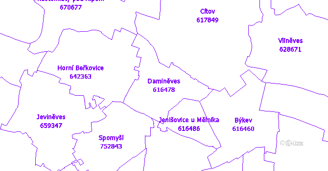 Katastrální mapa Daminěves - přehledová mapa katastrálního území