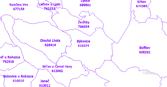 Katastrální mapa Býkovice - přehledová mapa katastrálního území