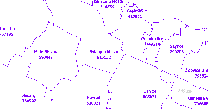 Katastrální mapa Bylany u Mostu - přehledová mapa katastrálního území